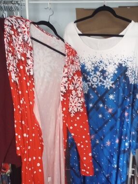 LuLaRoe Red Snowflake Cardigan and Blue Snowflake Dress Set